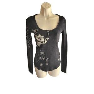 Lucky Brand Black Blouse Embroidered Accents 100% Cotton Small